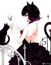 Rule 34 | 1girl, alcohol, animal ears, artist name, backless outfit, bare arms, bare back, bare shoulders, black cat, black choker, black dress, black hair, breasts, bug, butterfly, cat, cat ears, cat tail, chinese commentary, choker, commentary request, cowboy shot, cup, dress, drinking glass, eyelashes, from behind, gradient hair, hair between eyes, hand up, highres, holding, holding cup, insect, layered dress, multicolored hair, nail polish, original, profile, purple hair, red eyes, red nails, sheya, short hair, signature, simple background, small breasts, solo, strapless, strapless dress, tail, weibo logo, weibo watermark, white background, wine, wine glass