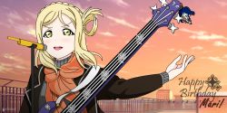 Rule 34 | 1girl, absurdres, artist name, artist request, black jacket, blonde hair, blush, braid, breasts, brown eyes, cloud, crown braid, day, female focus, green eyes, grey sweater, guitar, hair rings, highres, holding, holding instrument, instrument, jacket, looking at viewer, love live!, love live! sunshine!!, matsuura kanan, microphone, microphone stand, ohara mari, orange scarf, orange sky, outdoors, outstretched arm, outstretched hand, parted lips, rooftop, scarf, school roof, short hair, sky, smile, solo, star (symbol), sunset, sweater, turtleneck, turtleneck sweater, v-shaped eyebrows, yellow eyes