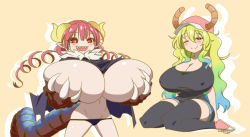 Rule 34 | 10s, 2girls, ;), baseball cap, blush, grabbing another&#039;s breast, breasts, claws, cleavage, covered erect nipples, gigantic breasts, grabbing, grabbing own breast, gradient hair, hat, horns, huge breasts, ilulu (maidragon), kobayashi-san chi no maidragon, long hair, looking at viewer, looking down, lucoa (maidragon), matsu-sensei, multicolored hair, multiple girls, official style, one eye closed, open mouth, oppai loli, orange background, pink footwear, pointy ears, red eyes, red hair, sharp teeth, shoes, shortstack, simple background, sitting, smile, sneakers, tail, tank top, teeth, thick thighs, thighhighs, thighs, very long hair, wariza