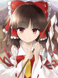 Rule 34 | 1girl, ascot, bow, brown hair, closed mouth, detached sleeves, frilled bow, frilled hair tubes, frills, gohei, hair bow, hair tubes, hakurei reimu, highres, holding, looking at viewer, medium hair, nontraditional miko, red bow, red eyes, red ribbon, red shirt, ribbon, ribbon-trimmed bow, ribbon-trimmed sleeves, ribbon trim, shirt, smile, solo, touhou, tyouseki, upper body, white ribbon, wide sleeves, yellow ascot