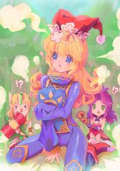 Rule 34 | 3girls, angela (seiken densetsu 3), blonde hair, blue eyes, breasts, charlotte (seiken densetsu 3), green eyes, impossible clothes, impossible shirt, large breasts, multiple girls, aged up, purple hair, riesz, rudorufu, seiken densetsu, seiken densetsu 3, shirt, size difference, tagme