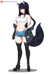 Rule 34 | 1girl, animal ears, ankle boots, arm at side, artist name, bare shoulders, black choker, black coat, black footwear, black hair, black thighhighs, blue eyes, boots, breasts, choker, closed mouth, coat, denim, denim shorts, food, fox ears, fox girl, fox tail, fur-trimmed coat, fur trim, high heel boots, high heels, legs apart, lips, long hair, long sleeves, looking at viewer, medium breasts, midriff, nail polish, navel, off shoulder, open clothes, open coat, original, reiko (tofuubear), shirt, short shorts, short sleeves, shorts, sidelocks, simple background, sleeves past wrists, solo, standing, stomach, straight hair, tail, thighhighs, thong, tofuubear, v-shaped eyebrows, white background, white shirt