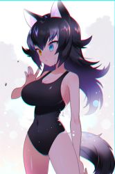 Rule 34 | 10s, 1girl, animal ears, black hair, blue eyes, blush, breasts, chromatic aberration, cleavage, covered navel, grey wolf (kemono friends), heterochromia, highres, kemono friends, large breasts, long hair, marui shiro, multicolored hair, narrow waist, solo, swimsuit, tail, two-tone hair, wet, wet clothes, wet swimsuit, wolf ears, wolf tail, yellow eyes