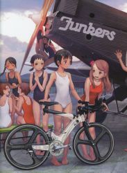 Rule 34 | 6+girls, :d, absurdres, aircraft, airplane, bare legs, bare shoulders, barefoot, bicycle, biplane, black hair, braid, breasts, brown hair, flower, hair flower, hair ornament, hairclip, hands on own chest, highres, laughing, leaning forward, long hair, multiple girls, murata range, one-piece swimsuit, open mouth, original, red one-piece swimsuit, short hair, short twintails, sitting, small breasts, smile, swimsuit, tears, twintails, white one-piece swimsuit