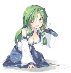 Rule 34 | 1girl, ;d, arm behind head, bra, breasts, cleavage, commentary request, detached sleeves, flying sweatdrops, frog hair ornament, green eyes, green hair, hair ornament, kochiya sanae, long hair, looking at viewer, matching hair/eyes, nontraditional miko, one eye closed, open mouth, satou kibi, simple background, sitting, sketch, smile, snake hair ornament, solo, sweat, touhou, underwear, white background