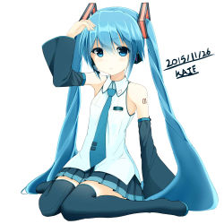 Rule 34 | 1girl, 2015, absurdly long hair, arm up, bad id, bad pixiv id, blue eyes, blue hair, blue necktie, boots, dated, detached sleeves, eyebrows, full body, hair between eyes, hair ornament, hatsune miku, headphones, kaieee, kneeling, long hair, looking at viewer, matching hair/eyes, microphone, necktie, pleated skirt, shirt, simple background, skirt, sleeveless, solo, thigh boots, thighhighs, twintails, very long hair, vocaloid, white background, white shirt, zettai ryouiki