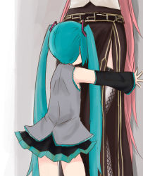 Rule 34 | 00s, 2girls, against wall, aqua hair, azilyannki, bad id, bad pixiv id, belt, detached sleeves, facing another, hatsune miku, height difference, long hair, long skirt, megurine luka, multiple girls, outstretched arm, pink hair, shirt, side slit, skirt, standing, thighhighs, twintails, very long hair, vocaloid, kabedon, zettai ryouiki