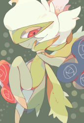 Rule 34 | 1girl, akadako, arm up, blue flower, blue rose, closed mouth, colored skin, creatures (company), female focus, flat chest, flower, from side, game freak, gen 4 pokemon, green background, green skin, half-closed eyes, happy, highres, leg up, looking at viewer, monster girl, nintendo, one-hour drawing challenge, outstretched arm, plant girl, pokemon, pokemon (creature), profile, red eyes, red flower, red rose, rose, roserade, short hair, sideways mouth, smile, solo, white hair