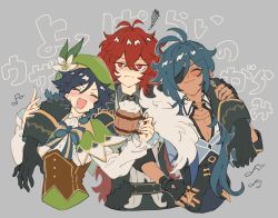 Rule 34 | 3boys, androgynous, arm around shoulder, beer mug, beret, black gloves, black hair, blue hair, blush, bow, braid, cape, closed eyes, closed mouth, collarbone, collared cape, collared shirt, corset, cup, dark-skinned male, dark skin, diluc (genshin impact), drooling, drunk, eyepatch, feather boa, fingerless gloves, flower, foam, frilled sleeves, frills, genshin impact, gloves, gradient hair, green headwear, grey background, hair between eyes, hand on another&#039;s arm, hand on own hip, hat, hat flower, highres, holding, holding cup, jacket, kaeya (genshin impact), leaf, long hair, long sleeves, looking at viewer, male focus, mug, multicolored hair, multiple boys, musical note, open mouth, pectoral cleavage, pectorals, ponytail, red eyes, red hair, shi n do i, shirt, short hair with long locks, simple background, smile, squiggle, toned, toned male, translation request, twin braids, venti (genshin impact), white flower, white shirt