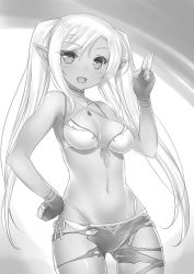 Rule 34 | 1girl, 47agdragon, :d, bikini, bikini under clothes, breasts, choker, cleavage, copyright request, cowboy shot, criss-cross halter, dark-skinned female, dark skin, elf, fingerless gloves, front-tie bikini top, front-tie top, gloves, gluteal fold, greyscale, hair ornament, hairclip, halterneck, hand on own hip, jewelry, long hair, medium breasts, monochrome, multi-strapped bikini bottom, multi-strapped bikini top, navel, open mouth, pants, pendant, pointy ears, shorts, side-tie bikini bottom, smile, solo, swept bangs, swimsuit, torn clothes, torn pants, twintails, very long hair
