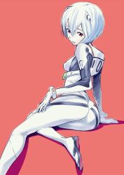 Rule 34 | 1girl, arm support, ass, ayanami rei, blue eyes, bodysuit, bracer, breasts, from side, gloves, hair between eyes, hair ornament, hand on own thigh, interface headset, leaning, looking at viewer, looking back, neon genesis evangelion, parted lips, pilot suit, plugsuit, red background, red eyes, shadow, short hair, simple background, sitting, sketch, small breasts, solo, tanaka masayoshi, white hair, yokozuwari
