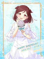 Rule 34 | 1girl, absurdres, aoba misaki, bare shoulders, blush, bouquet, bracelet, breasts, brown eyes, brown hair, character name, clothing cutout, collarbone, cowboy shot, dot nose, dress, earrings, floral background, flower, glint, green nails, green ribbon, hair tie, hands up, happy birthday, highres, holding, holding bouquet, idolmaster, idolmaster million live!, idolmaster million live! theater days, jewelry, lace, lace-trimmed dress, lace trim, light particles, looking at viewer, medium breasts, nail polish, open mouth, ribbon, rose, see-through, see-through sleeves, shiro (ongrokm), short hair, short sleeves, shoulder cutout, smile, solo, standing, two-tone background, two side up, white dress, white ribbon