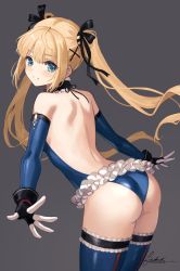Rule 34 | 1girl, :d, ass, backless leotard, bare shoulders, black gloves, blonde hair, blue eyes, blue leotard, blue thighhighs, blush, breasts, dead or alive, detached sleeves, frilled leotard, frilled one-piece swimsuit, frilled thighhighs, frills, from behind, fubuki (fakemonkey0224), gloves, grey background, grin, highres, leaning forward, leotard, long hair, long sleeves, looking at viewer, looking back, marie rose, neck garter, one-piece swimsuit, open mouth, parted lips, signature, simple background, small breasts, smile, solo, swimsuit, thighhighs, twintails, two-tone gloves, very long hair, white gloves