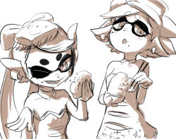 Rule 34 | 2girls, ;d, blush, bowl, callie (splatoon), detached collar, earrings, eating, fang, food, food on head, hat, holding, inkling, jewelry, long hair, marie (splatoon), multiple girls, nintendo, object on head, one eye closed, open mouth, rice, rice bowl, sharp teeth, short hair, siblings, simple background, sisters, smile, splatoon (series), splatoon 1, teeth, tentacle hair, uminosachi, white background
