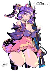 Rule 34 | 1girl, 30-30 repeater, apex legends, blush, breasts, cleavage, collarbone, commission, floating hair, frilled shirt, frills, gun, high-waist skirt, holding, holding gun, holding weapon, indie virtual youtuber, jacket, medium breasts, mole, mole under eye, off shoulder, open mouth, pink skirt, purple jacket, purple shirt, rifle, rolan-ce, shirt, skeb commission, skirt, solo, squatting, twintails, virtual youtuber, weapon, white background, yuafilia channeri iv