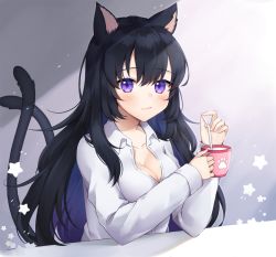 Rule 34 | 1girl, animal ears, bendy straw, black hair, blush, breasts, cat ears, cat girl, cat tail, cleavage, closed mouth, collarbone, collared shirt, commentary request, cup, dress shirt, drinking straw, hair between eyes, holding, holding cup, long hair, long sleeves, looking at viewer, medium breasts, milk, multicolored hair, multiple tails, nekomata, original, pong (vndn124), purple eyes, purple hair, shirt, solo, star (symbol), tail, tail raised, two-tone hair, two tails, very long hair, white shirt