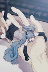 Rule 34 | 1girl, aqua hair, black thighhighs, closed eyes, commentary, detached sleeves, foot out of frame, hatsune miku, in palm, keshi, keyboard (computer), long hair, lying, mini person, minigirl, no shoes, on stomach, open mouth, pov, pov hands, skirt, sleeveless, smile, thighhighs, twintails, very long hair, vocaloid