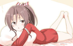 Rule 34 | 10s, 1girl, alternate costume, barefoot, brown eyes, brown hair, engiyoshi, hachimaki, headband, japanese clothes, kantai collection, long hair, lying, on stomach, pillow, ponytail, solo, zuihou (kancolle)