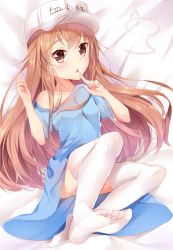 Rule 34 | 10s, 1girl, bare shoulders, bed sheet, beige shorts, blue shirt, blush, breasts, brown eyes, brown hair, character name, clothes writing, collarbone, commentary request, feet, finger to mouth, flat cap, hair between eyes, hat, hataraku saibou, highres, long hair, looking at viewer, lying, nahaki, no shoes, off shoulder, on back, parted lips, platelet (hataraku saibou), shirt, short shorts, short sleeves, shorts, small breasts, soles, solo, thighhighs, toes, very long hair, white hat, white thighhighs