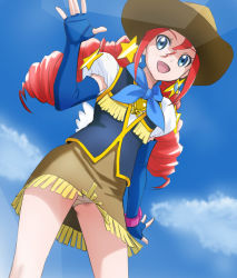 Rule 34 | 10s, 1girl, blue background, blue eyes, blue sky, bomber girls precure, brooch, cloud, cowboy hat, cowboy shot, day, drill hair, dutch angle, earrings, elbow gloves, fingerless gloves, freckles, fringe trim, gloves, happinesscharge precure!, haruyama kazunori, hat, heart, heart brooch, jewelry, looking at viewer, miniskirt, open mouth, panties, pantyshot, precure, puffy sleeves, red hair, red haired cure (bomber girls precure) (happinesscharge precure!), scarf, skirt, sky, smile, solo, star (symbol), thighs, twin drills, twintails, underwear, upskirt, vest, white panties, wings