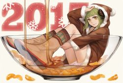 Rule 34 | 10s, 1girl, 2015, bad id, bad pixiv id, blunt bangs, boots, bowl, closed mouth, food, fruit, full body, glass, green eyes, green hair, gumi, hand on headwear, highres, honey, hood, hooded jacket, horns, in bowl, in container, in food, jacket, looking at viewer, mandarin orange, matching hair/eyes, nengajou, new year, pom pom (clothes), sheep horns, short hair, shorts, sitting, smile, snowflakes, solo, vocaloid, white shorts, yellow eyes, yumao, yumao (miaowuxiaoxue)