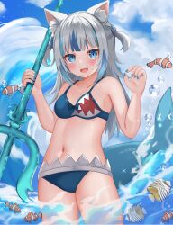 Rule 34 | 1girl, absurdres, animal ears, bikini, blue eyes, breasts, cat ears, cleavage, fish, gawr gura, grey hair, highres, hololive, hololive english, medium breasts, multicolored hair, nekopurin (nyanko prin), open mouth, polearm, smile, solo, streaked hair, swimsuit, trident, virtual youtuber, weapon