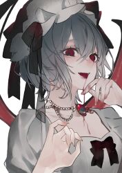 Rule 34 | 1girl, absurdres, bat wings, black bow, blood, blood on face, blush, bow, brooch, crossed bangs, daimaou ruaeru, dress, fangs, grey hair, hair between eyes, hands up, hat, hat bow, highres, jewelry, looking at viewer, mob cap, open mouth, puffy sleeves, red eyes, remilia scarlet, short hair, simple background, solo, tongue, tongue out, touhou, upper body, vampire, white background, white dress, white hat, wings