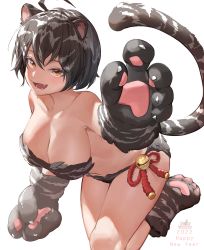 Rule 34 | 1girl, 2022, absurdres, adhesive bra, ahoge, animal ears, animal hands, bell, black bra, black hair, black panties, blush, bra, breasts, collarbone, commentary, english commentary, fang, fur bra, fur panties, gloves, grey background, hair between eyes, happy new year, highres, jingle bell, large breasts, looking at viewer, new year, open mouth, original, panties, paw gloves, paw shoes, rope, short hair, simple background, solo, standing, standing on one leg, tail, tiger ears, tiger paws, tiger tail, underwear, underwear only, white hair, yellow eyes, yo owl