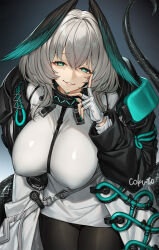 Rule 34 | 1girl, aqua eyes, aqua nails, aqua sclera, aqua wings, arknights, between breasts, breasts, coat, cokuto1, colored sclera, covered erect nipples, dress, finger to cheek, fingerless gloves, gloves, grey hair, head wings, ho&#039;olheyak (arknights), index finger raised, infection monitor (arknights), large breasts, long coat, open clothes, open coat, pencil dress, smile, snake tail, strap between breasts, tail, wings