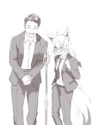 Rule 34 | 1boy, 1girl, absurdres, ahoge, animal ear fluff, animal ears, braid, commentary, earrings, formal, fox ears, fox girl, fox tail, glasses, greyscale, hair between eyes, highres, hololive, hyde (tabakko), index finger raised, jewelry, long hair, looking at viewer, microphone stand, monochrome, necktie, own hands together, shirakami fubuki, sidelocks, single braid, suit, tail, virtual youtuber, yagoo