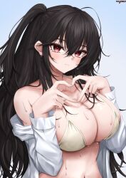 Rule 34 | 1girl, absurdres, azur lane, bikini, black hair, blush, breasts, cleavage, heart, heart hands, highres, huge breasts, large breasts, looking at viewer, official alternate costume, one side up, open clothes, open shirt, red eyes, shirt, solo, swimsuit, taihou (azur lane), taihou (seaside daydreams) (azur lane), ueyama 0clock, upper body, white shirt, yellow bikini