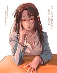 Rule 34 | 1girl, aged down, alternate costume, alternate hair length, alternate hairstyle, animification, apex legends, blazer, breasts, brown hair, cleavage, collarbone, collared shirt, desk, grey jacket, hair behind ear, highres, jacket, kogane mushi, long hair, medium breasts, open mouth, shirt, sitting, smile, solo, translation request, valkyrie (apex legends), white background, white shirt