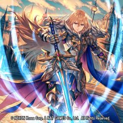 Rule 34 | 1boy, 1girl, armor, armored boots, blonde hair, blue eyes, boots, building, clair (overhit), closed mouth, day, full armor, gauntlets, hair between eyes, holding, holding sword, holding weapon, legs up, long hair, looking at viewer, makimura shunsuke, official art, outdoors, overhit, scar, shoulder armor, sword, watermark, weapon