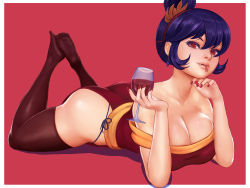 Rule 34 | 1girl, aethos, alternate costume, alternate hairstyle, bare shoulders, black thighhighs, border, breasts, cleavage, collarbone, cup, drinking glass, earrings, fang, fingernails, forked tongue, hair between eyes, hair bun, highres, holding, holding cup, jewelry, large breasts, long fingernails, looking at viewer, lying, nail polish, on stomach, panties, purple hair, red background, red eyes, red nails, red wine, short hair, side-tie panties, single hair bun, sleeveless, slit pupils, solo, the pose, thighhighs, tongue, tongue out, touhou, underwear, white border, wine, wine glass, yasaka kanako
