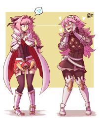 1boy 1girl :d armored_skirt artist_logo astolfo_(fate) belt black_bow black_thighhighs blush boots bow braid cape clenched_hands color_connection commentary commission crossover english_commentary excited eye_contact fate/apocrypha fate/grand_order fate_(series) fire_emblem fire_emblem_fates flying_sweatdrops frown full_body fur-trimmed_cape fur_trim furrowed_brow gambeson garter_straps gauntlets gloves gushing hair_bow hair_color_connection hair_intakes hairband hands_on_own_face highres logo long_hair look-alike looking_at_another loving_aura nintendo open_mouth pigeon-toed pink_eyes pink_hair pouch scruffyturtles single_braid smile soleil_(fire_emblem) spoken_flying_sweatdrops standing thighhighs trap v-shaped_eyebrows white_belt white_cape white_footwear yellow_background