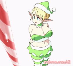 Rule 34 | 1girl, animated, animated gif, belly, blonde hair, blue eyes, bouncing breasts, breasts, candy, candy cane, cleavage, elf-san wa yaserarenai., elfuda (elf-san wa yaserarenai.), food, hat, huge breasts, large breasts, licking, midriff, navel, plump, pointy ears, rtil, short hair, simple background, solo, thick thighs, thighs, tongue, tongue out, white background