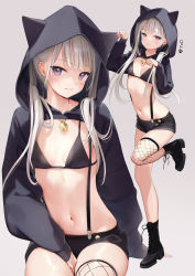Rule 34 | 1girl, :3, :p, animal hood, bell, bikini, bikini top only, black bikini, black footwear, black shorts, blunt bangs, boots, breasts, cat hood, closed mouth, commentary request, cross-laced footwear, fishnets, full body, highres, hood, kouhai-chan (mignon), long hair, long sleeves, looking at viewer, low twintails, mignon, multiple views, navel, original, paw pose, purple eyes, short shorts, shorts, shrug (clothing), simple background, single thighhigh, sitting, skindentation, small breasts, standing, standing on one leg, swimsuit, thighhighs, thighs, tongue, tongue out, twintails, white hair