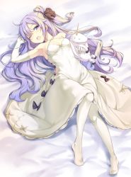 Rule 34 | 1girl, ;o, arm up, armpits, azur lane, bare shoulders, bed sheet, breasts, cleavage, covered navel, criss-cross halter, hugging doll, dress, elbow gloves, full body, gloves, hair bun, hair spread out, halterneck, highres, icomochi, long hair, looking at viewer, lying, medium breasts, no shoes, hugging object, on back, one eye closed, open mouth, pantyhose, purple eyes, purple hair, side bun, sidelocks, single hair bun, single side bun, sleeveless, sleeveless dress, solo, spaghetti strap, stuffed winged unicorn, unicorn (azur lane), very long hair, white dress, white gloves, white pantyhose