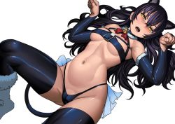 Rule 34 | 1girl, animal ears, armpits, bare shoulders, bell, belt bra, black choker, black hair, black panties, black thighhighs, blake belladonna, blush, boots, bow, bowtie, breasts, breasts apart, cameltoe, cat ears, cat tail, choker, commentary, detached sleeves, fur boots, fur trim, hair spread out, highleg, highleg panties, jingle bell, knee up, lasterk, long hair, looking at viewer, lying, medium breasts, navel, on back, open mouth, panties, paw pose, pussy, pussy peek, red bow, red bowtie, rwby, simple background, solo, stomach, tail, thighhighs, underboob, underwear, unfinished, white background, yellow eyes