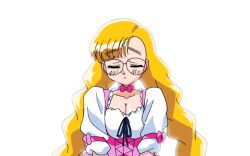 Rule 34 | 1girl, animated, animated gif, anna miller, blonde hair, blue eyes, blush, bow, bowtie, braid, breasts, choker, cleavage, dress, glasses, karin (viper), large breasts, long hair, pink bow, pink choker, ribbon, ribbon choker, rimless eyewear, round eyewear, shy, solo, standing, twin braids, undressing, very long hair, viper, viper gtb, viper v16, waitress, white background