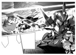Rule 34 | explosion, glowing, glowing eye, greyscale, gyakuten sekai no denchi shoujo, holding, holding sword, holding weapon, lefthand, looking ahead, mecha, monochrome, no humans, official art, open hand, robot, science fiction, shark 1, sword, unfinished, weapon, white wolf (gyakuten sekai no denchi shoujo)