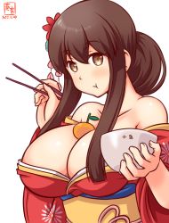 Rule 34 | 1girl, akagi (kancolle), alternate costume, alternate hairstyle, artist logo, between breasts, bowl, breasts, brown eyes, brown hair, chopsticks, cleavage, collarbone, dated, eating, food, fruit, hair between eyes, hair ornament, japanese clothes, kanon (kurogane knights), kantai collection, kimono, large breasts, long hair, long sleeves, mandarin orange, obi, one-hour drawing challenge, oppai mochi, red kimono, sash, simple background, solo, upper body, white background, wide sleeves