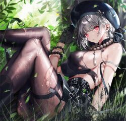 Rule 34 | 1girl, black gloves, black hat, black pantyhose, breasts, collar, earrings, feet out of frame, forest, gloves, grass, grey hair, hair between eyes, hand on headwear, hand up, hat, highres, jewelry, knees up, large breasts, leaf, legs, looking at viewer, nana tetra, nature, outdoors, pantyhose, red eyes, sanhua (wuthering waves), short hair, sitting, sleeveless, solo, sunlight, thigh strap, torn clothes, torn pantyhose, tree, wuthering waves