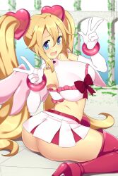 Rule 34 | 1girl, :d, ass, bare shoulders, blonde hair, blue eyes, bracelet, breasts, disgaea, double w, elbow gloves, flonne, gloves, hair ornament, heart, heart hair ornament, high heels, highres, jewelry, large breasts, lindaroze, long hair, open mouth, pure flonne, sitting, skirt, smile, solo, thighhighs, twintails, very long hair, w, wariza, white gloves