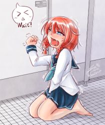 Rule 34 | 1girl, arm up, artist name, barefoot, bathroom, between legs, blue eyes, blue necktie, blue sailor collar, blue skirt, blush, braid, clenched hand, door, embarrassed, english text, etorofu (kancolle), female focus, full body, half-closed eyes, hand between legs, have to pee, indoors, kantai collection, kneeling, knocking, legs together, motion lines, necktie, nose blush, open mouth, pleated skirt, red hair, sailor collar, saliva, sanoseiryu, school uniform, seiza, serafuku, sitting, skirt, solo, speech bubble, talking, tears, toilet stall, tongue, tongue out, trembling, twin braids, twitter username