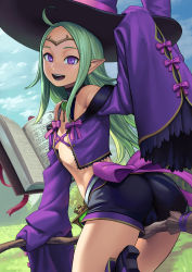 Rule 34 | 1girl, ahoge, alternate costume, breasts, broom, broom riding, cameltoe, circlet, cleavage, cleft of venus, commentary, day, fire emblem, fire emblem awakening, fire emblem heroes, green hair, hat, lasterk, long sleeves, looking at viewer, md5 mismatch, nintendo, no bra, nowi (fire emblem), open mouth, outdoors, pointy ears, purple eyes, resolution mismatch, small breasts, smile, solo, source smaller, witch, witch hat