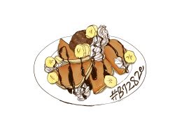 Rule 34 | #b7282e, artist name, banana, banana slice, chocolate, cream, dessert, food, food focus, fruit, highres, ice cream, no humans, original, pancake, plate, round image, signature, simple background, still life, white background