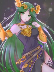 Rule 34 | 1girl, alternate color, armlet, breasts, chain, diadem, dress, forehead jewel, gold chain, green eyes, green hair, highres, holding, jewelry, kid icarus, kid icarus uprising, long hair, looking at viewer, medium breasts, nintendo, p i n o, palutena, pendant, single thighhigh, solo, sparkle, strapless, strapless dress, super smash bros., thighhighs, vambraces, very long hair