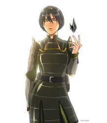 Rule 34 | 1girl, armor, artist name, avatar legends, bad id, bad pixiv id, black hair, closed mouth, fingernails, geokinesis, grey eyes, hannisen, lips, looking at viewer, metal, pauldrons, shoulder armor, simple background, solo, the legend of korra, toph bei fong, white background