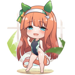 Rule 34 | 1girl, animal ears, aqua eyes, bare legs, bare shoulders, barefoot, black one-piece swimsuit, blurry, blurry foreground, blush, chibi, commentary, ear covers, full body, hair ornament, hairband, highleg, highleg swimsuit, highres, horse ears, horse girl, horse tail, long hair, looking at viewer, one-piece swimsuit, orange hair, plant, silence suzuka (umamusume), smile, solo, standing, swimsuit, tail, thighs, tile floor, tiles, umamusume, very long hair, warashi, white hairband, window
